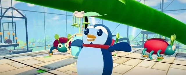 Pengi, with a sprout on his head, spreads his flippers between two red beetle critters in the greenhouse.