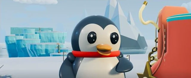 Pengi stands in the snow beside Lacey, a red canvas high-top with a loose lace.