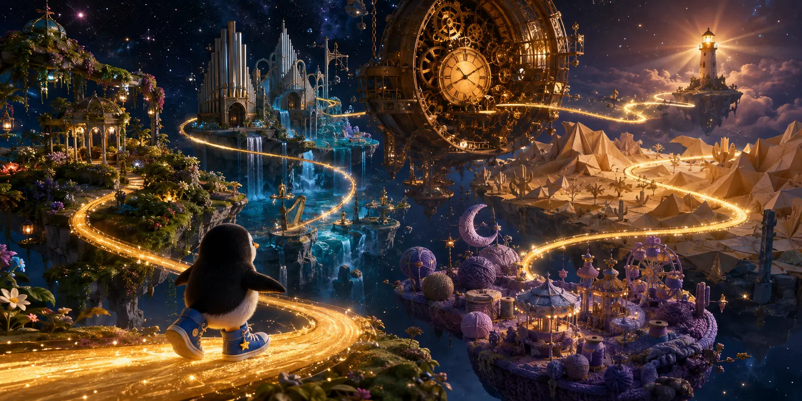 Concept art: Pengi in blue high-tops walks a glowing golden path past floating worlds, including a greenhouse, organ pipes and waterfalls, a giant clock, folded paper dunes, a carnival and a lighthouse.