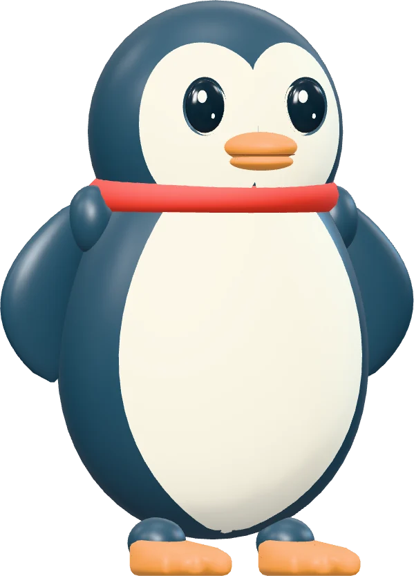 Pengi, a round little penguin with a red scarf and an orange beak.