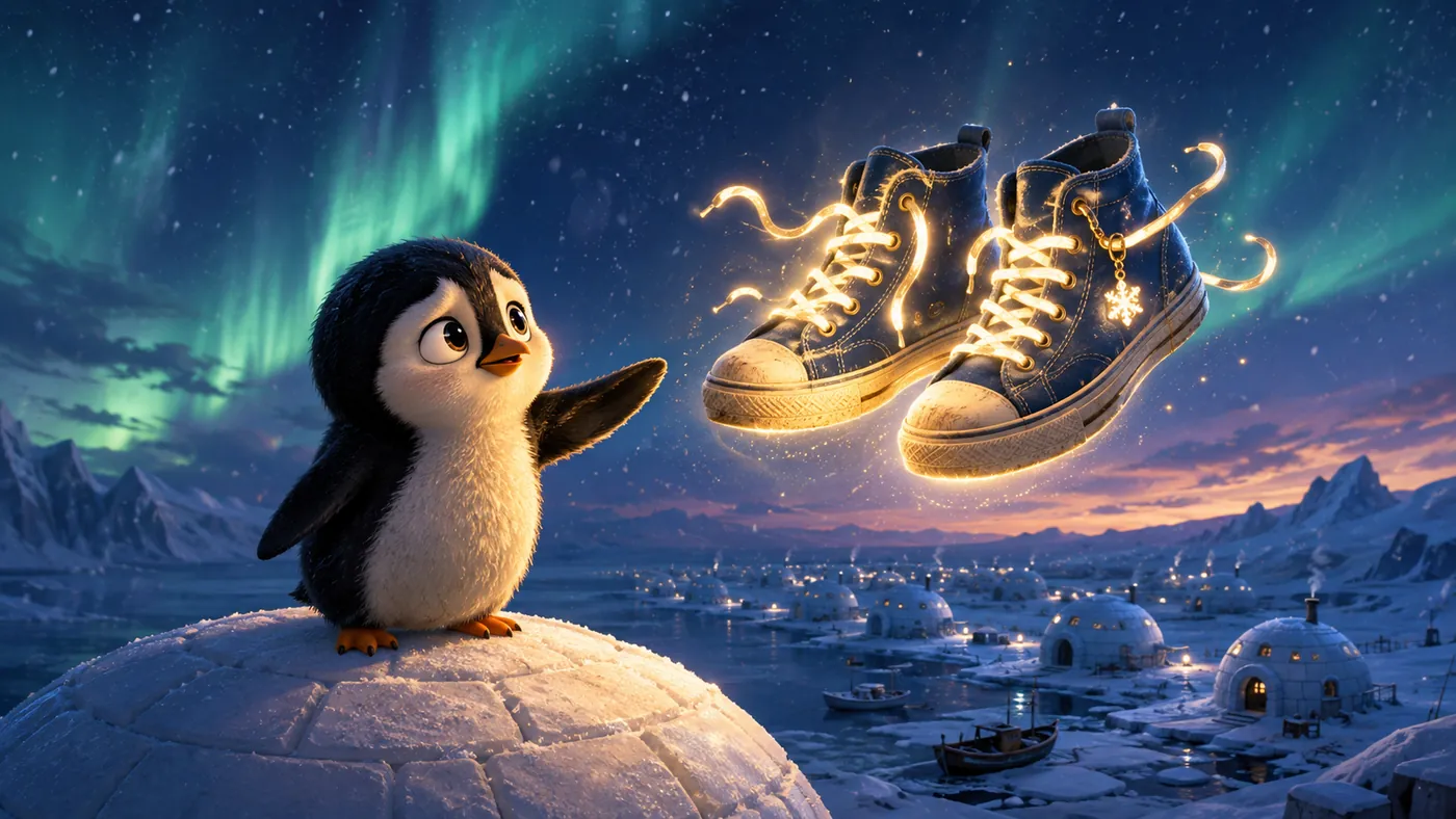 Concept art: Pengi stands on an igloo roof under the aurora, reaching toward a pair of glowing canvas high-tops floating in the night sky.
